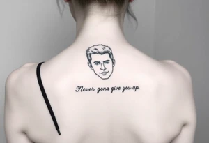 Young Rick Astley Face and Never Gonna Give You Up text tattoo idea