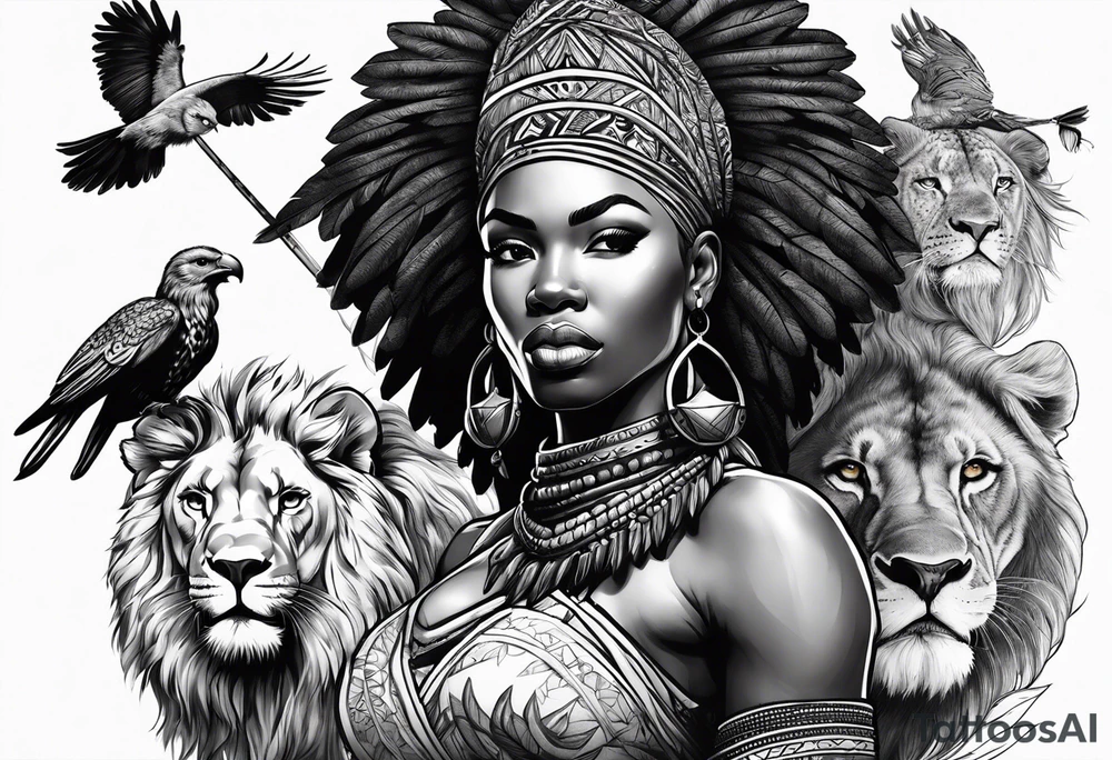 African woman warrior holding a spear with birds and lion in the background tattoo idea