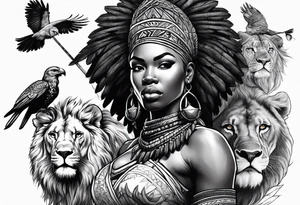 African woman warrior holding a spear with birds and lion in the background tattoo idea