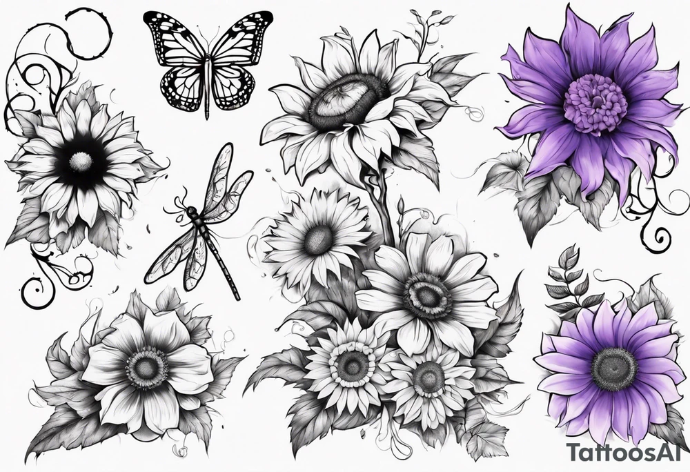 Arm sleeve, sunflowers, dragonflies, three cosmos flower, one violet, one carnation, vines , leaves and butterflies tattoo idea