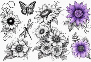 Arm sleeve, sunflowers, dragonflies, three cosmos flower, one violet, one carnation, vines , leaves and butterflies tattoo idea