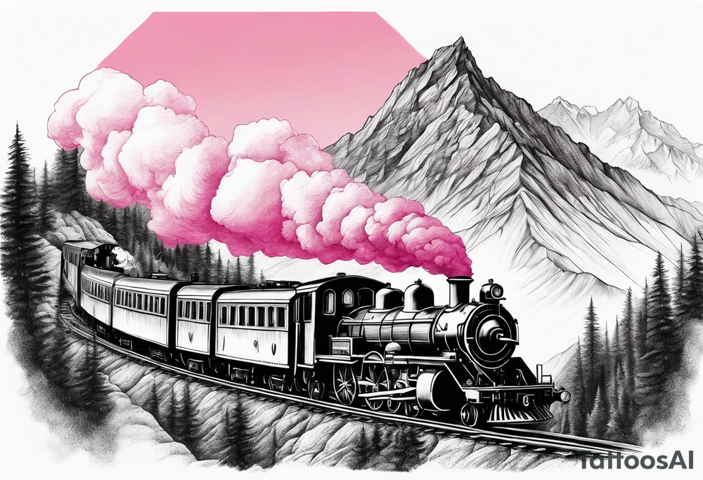 Mountain with steam train travelling down the mountain with pink horizon tattoo idea