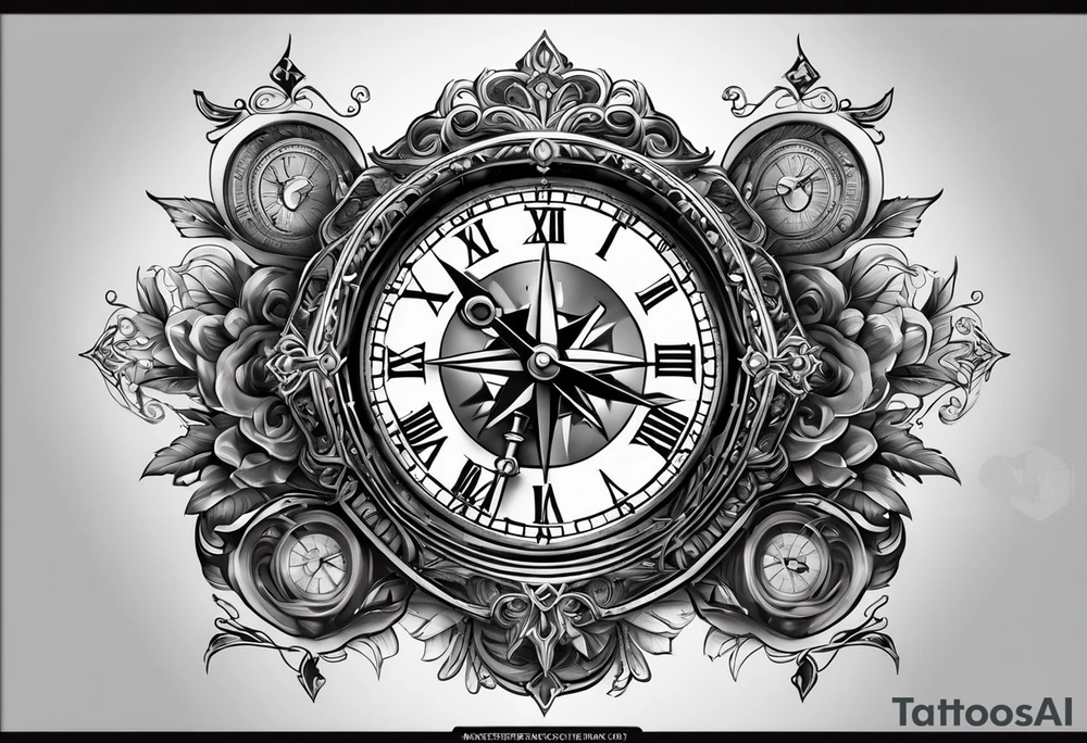 Cross  with clock and compass tattoo idea