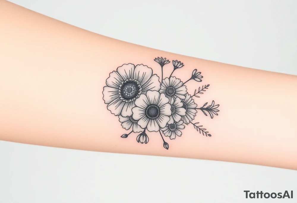 Bouquet of carnation, honeysuckle, poppy, aster and cosmos tattoo idea