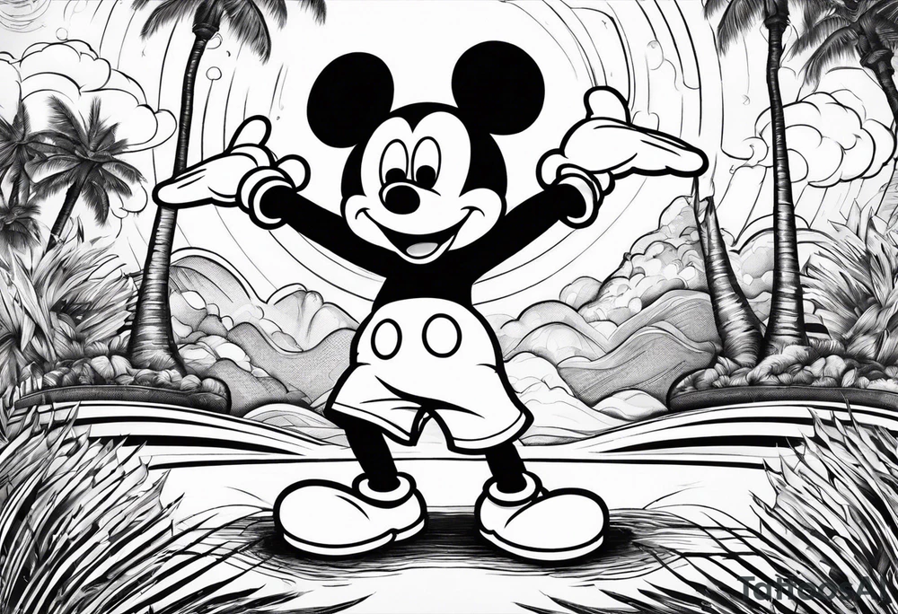 mickey mouse doing martial arts with palm trees, lightning storm and the celtic symbol for family tattoo idea