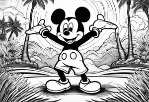 mickey mouse doing martial arts with palm trees, lightning storm and the celtic symbol for family tattoo idea