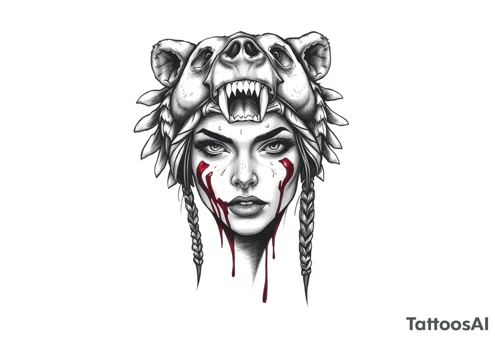 Beautiful Woman with battle scars and blood on face wearing angry dead bear headdress on head tattoo idea