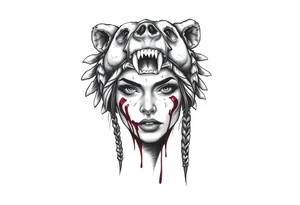 Beautiful Woman with battle scars and blood on face wearing angry dead bear headdress on head tattoo idea