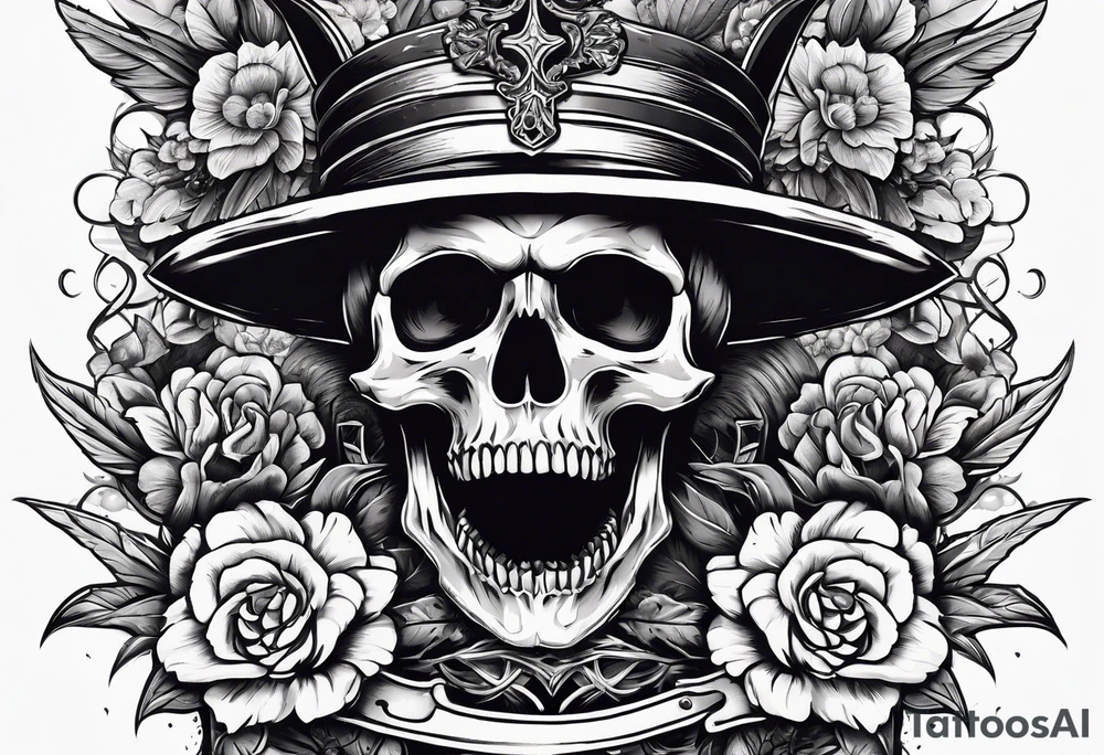 Skull with a sword stabbing through chin all the way to the top of head with flowers around the sword tattoo idea