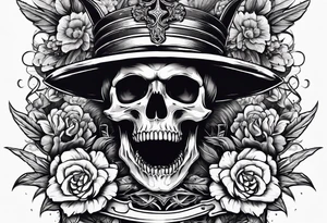 Skull with a sword stabbing through chin all the way to the top of head with flowers around the sword tattoo idea