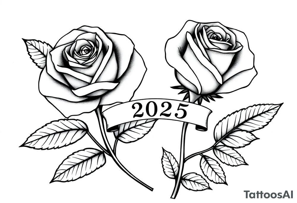 two beautiful large rose buds, one larger than the other, with many leaves next to the rose buds, with one sitting higher than the other. Include a banner connecting the two roses with the year "2025" on it.   Use dark outlines with little shading. The two stems should be short, not long, and connect and join into one stem, whimsically curved or twisted - not straight down. tattoo idea
