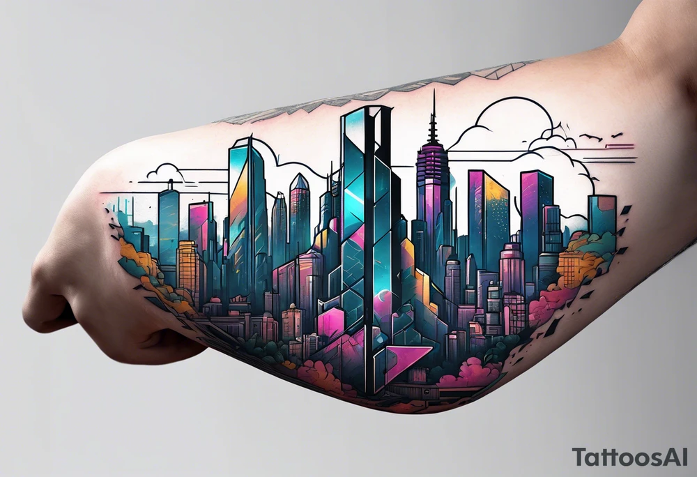 cyberpunk 2077, forearm tattoo, geometric, subtle, men, city skyline, 4k tattoo idea