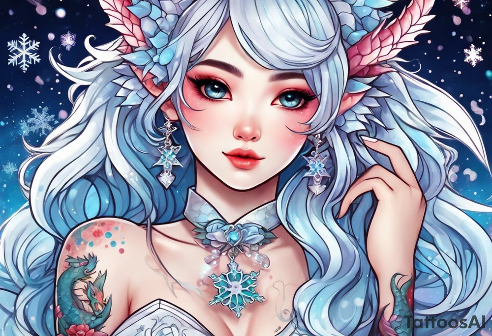 Constellation, kawaii dragon girl , snowflake tattoo idea