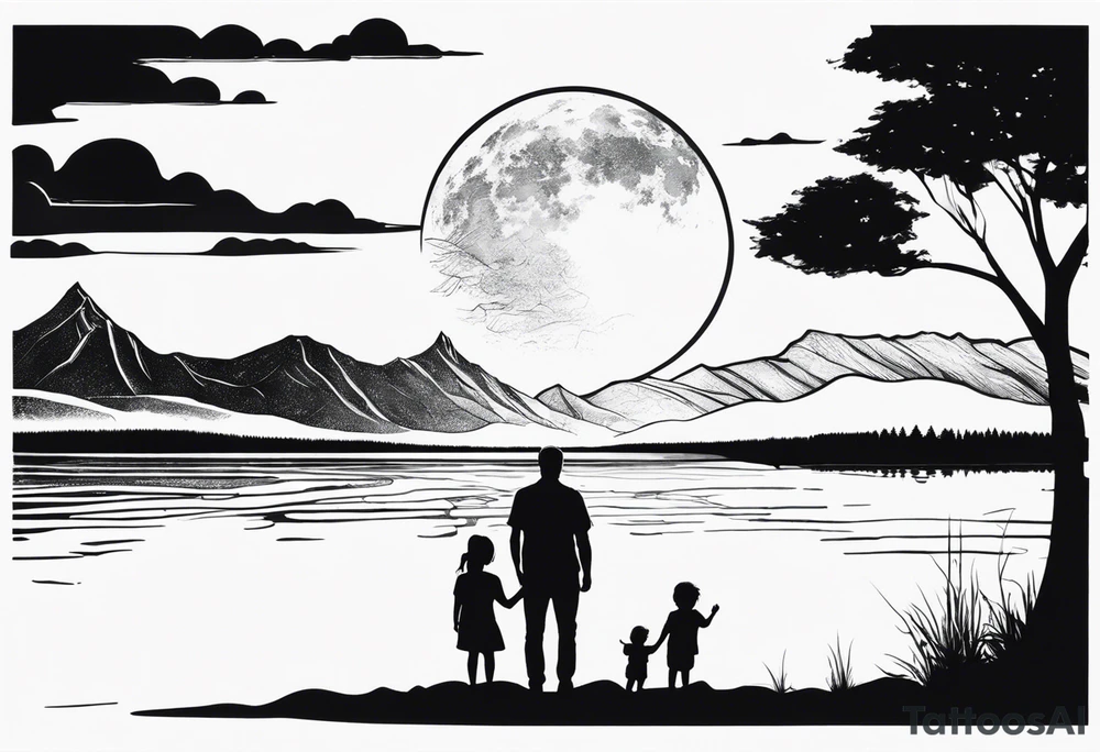 Father in between 6 year old daughter and 2 year old son. Standing in front of water with their reflection in the water behind them with tree and mountains in front of them. Moon in the sky reflecting in the water. tattoo idea