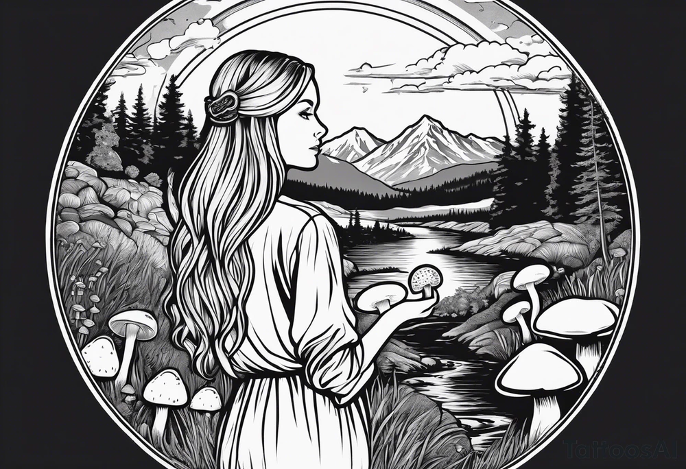 Whole picture encircled fully

Straight long blonde hair hippie girl in distance holding mushrooms in hand facing away toward mountains and creek surrounded by mushrooms long sleeve shirt and hiking pants; whole rendering within a full circle, no cut off circle tattoo idea