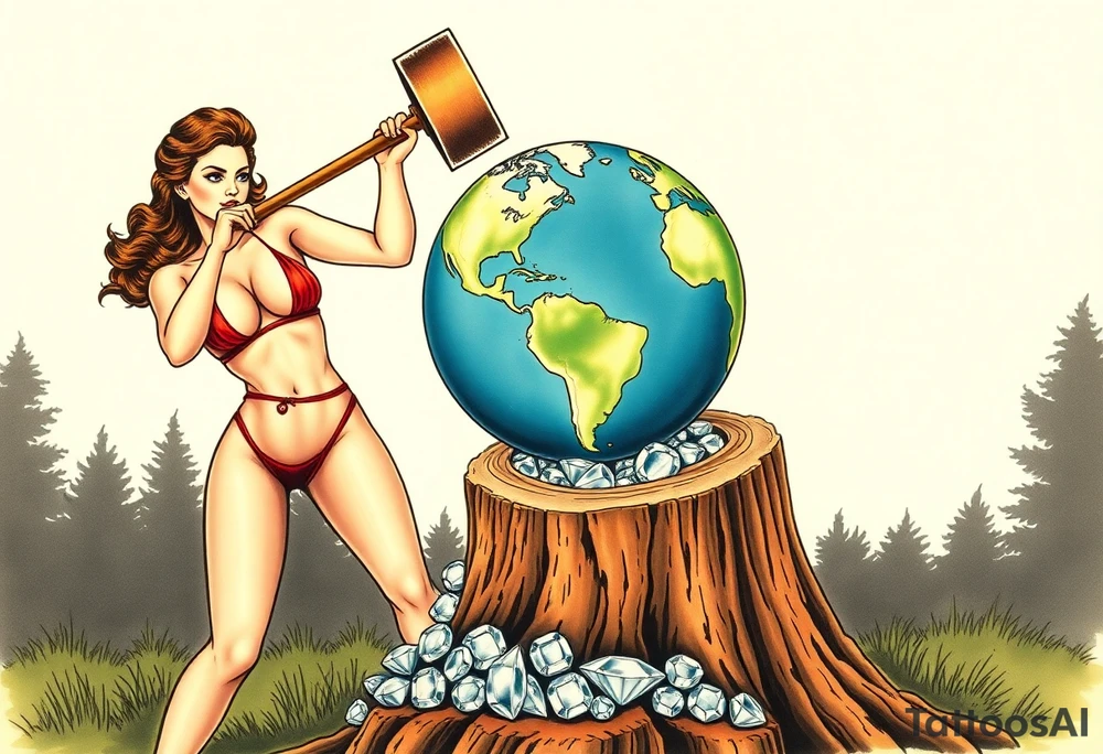 a very beautiful pin up girl, the pin up girl has her breasts nude with nipples exposed and in view, the pin up girl is wearing a g string, the pin up girl is swinging a large mallet overhead, the motion of swinging resembles an ax chopping wood, the mallet she is swinging is making contact with a earth globe, the earth globe is on top of a tree stump, the earth globe is half of the size of the diameter of the top surface of the tree stump, the earth globe is being squashed and compressed between the mallet and the trees stump, there is a pile of diamonds at the base of the tree stump, the idea is that the mallet is compressing the earth globe and the product is the diamonds that have fallen below, the idea is that the pin up girl if very beautiful, the idea is that pressure makes diamonds tattoo idea