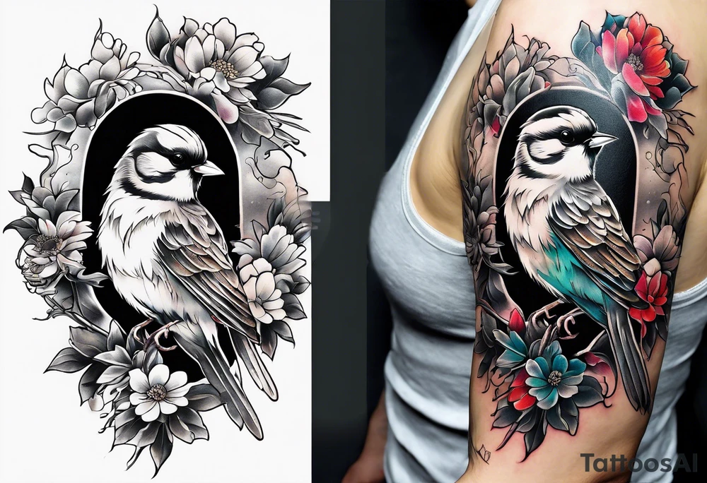 Arm with sparrows and cheysanthemums black only in a Japanese style tattoo idea