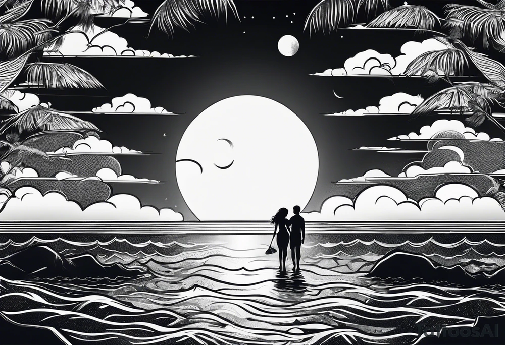 Silouhette of two people on beach water with moon tattoo idea