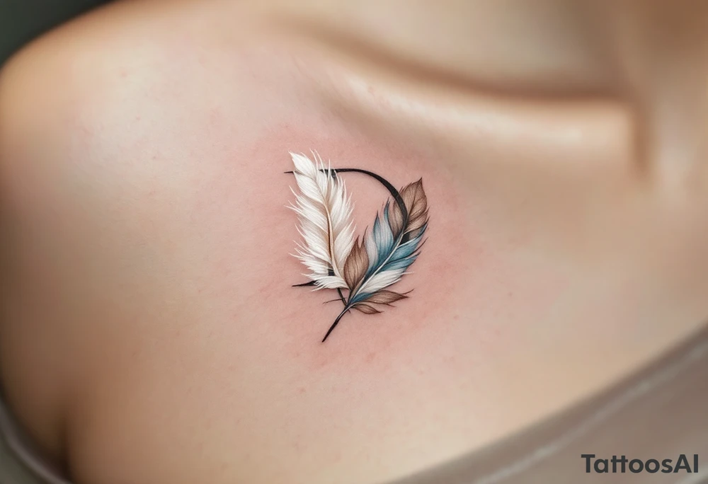A soft, airy "D" made from layered feathers in white, soft brown, and dusty blue tones. tattoo idea