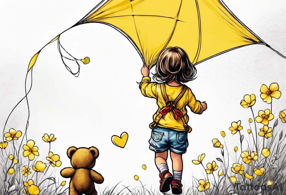 back image of a little girl flying a kite with a teddy bear in yellow overalls standing beside her tattoo idea