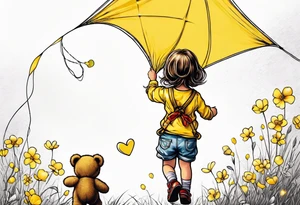 back image of a little girl flying a kite with a teddy bear in yellow overalls standing beside her tattoo idea