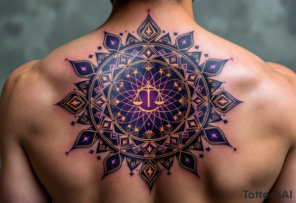 A  cosmic mandala in deep purple encircles the Libra constellation with the zodiac glyph at its heart. tattoo idea