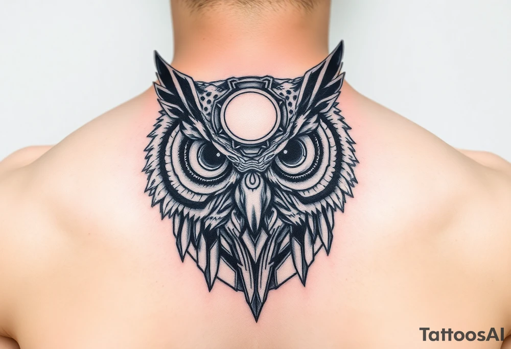 Owl head with large intense tripping on acid colored eyes without pupils, cyberpunk style  and geometry and glowing circle on the forheadl tattoo idea