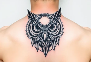 Owl head with large intense tripping on acid colored eyes without pupils, cyberpunk style  and geometry and glowing circle on the forheadl tattoo idea