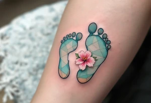 Soft coral and pastel green footprints of Dominik, accompanied by a small, blooming flower symbolizing his growth and beauty. tattoo idea