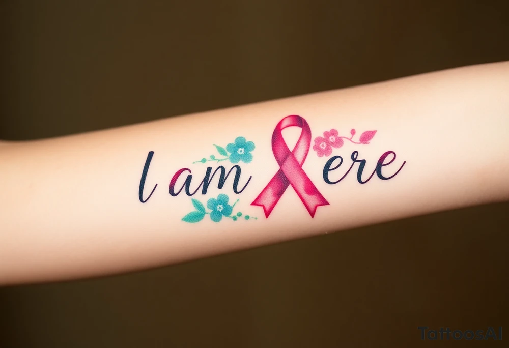 ‘I am here’ with breast cancer pink ribbon as I with Hawaiian theme tattoo idea
