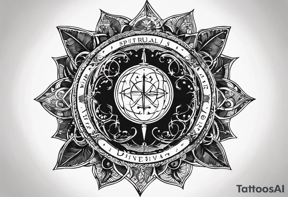 Here's the translation of the request into English:

Create a sketch for a male tattoo that reflects the concept of life purpose and spiritual growth. The tattoo should symbolize the idea of a higher plan assigned to a person before birth, and the path of spiritual realization. Include elements that personify the Universe, higher powers, or divine origin. The image should convey forward movement along life's path and ascension to a higher level of consciousness. The tattoo style should be masculine and philosophical, suitable for placement on the forearm tattoo idea