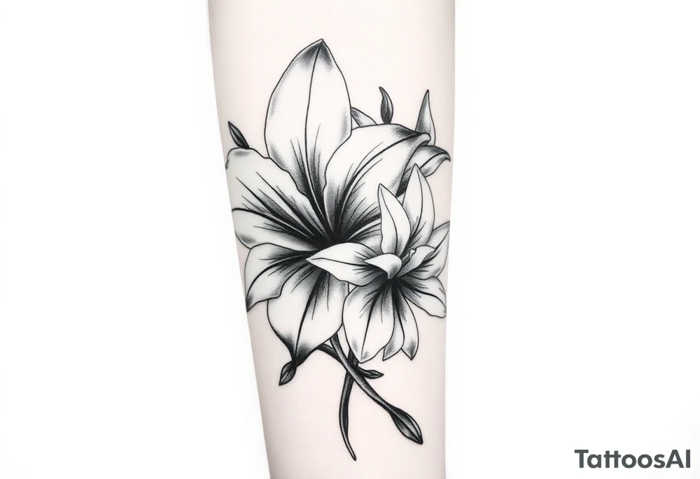 Large Gladiolus flower intwined with a Narcissus flower on the forearm skin tattoo idea