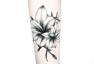 Large Gladiolus flower intwined with a Narcissus flower on the forearm skin tattoo idea