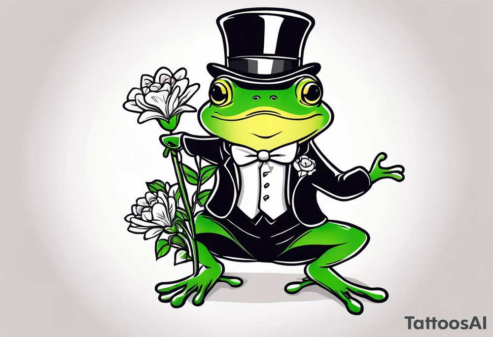 Cute Frog wearing top hat and a suit standing on its Back legs while holding flowers tattoo idea