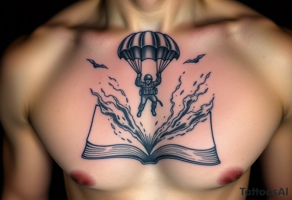 A parachuting soldier falling into an open book. Chaos surrounding, but the book is protecting the soldier from it. On the chest. Make the tattoo smaller. Make it thought provoking. Make the chaos in the environment be an eerie mist. Make the pages in the book be blank. Just one soldier, no other characters. the book is old. tattoo idea