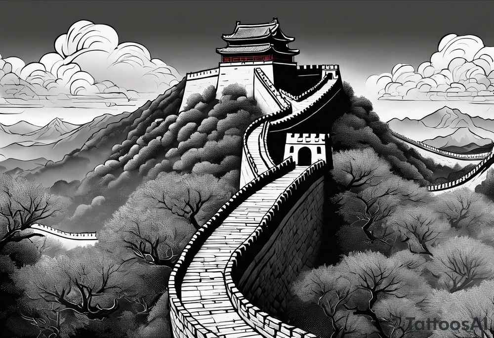 Great Chinese wall, realistic, art, gezeichnet, fine line, black and grey, man tattoo idea