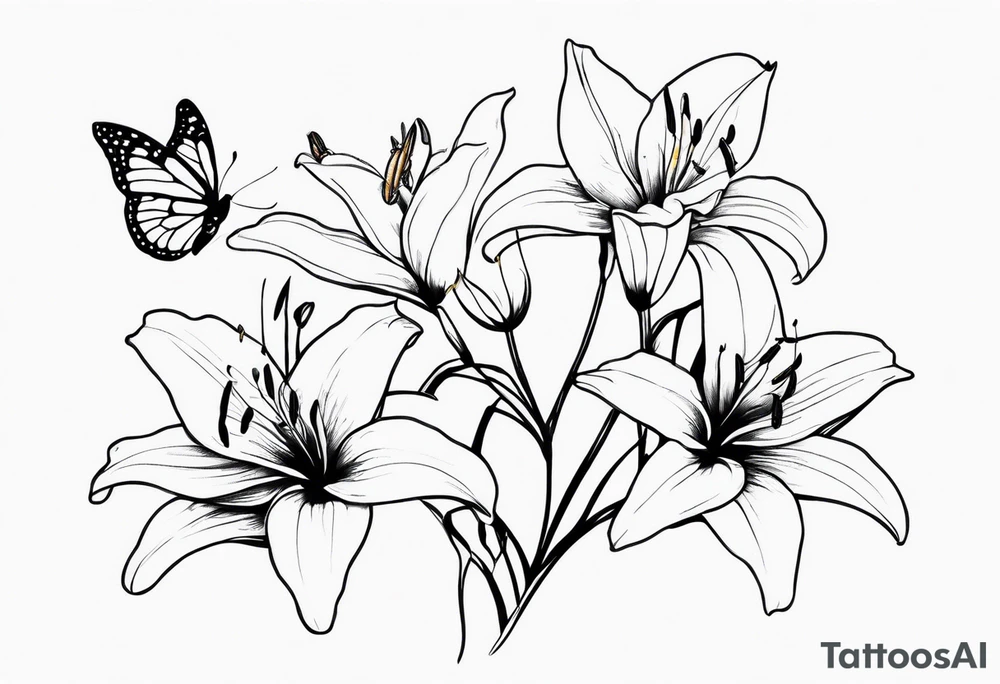 three lily flowers with some butterflies tattoo idea
