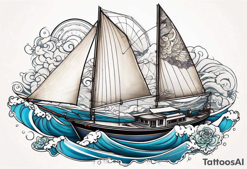 sloop rigged sailboat with pacific sheepshead and bat ray below the water line tattoo idea