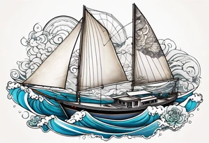 sloop rigged sailboat with pacific sheepshead and bat ray below the water line tattoo idea