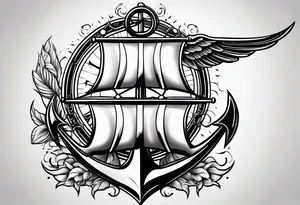a ship anchor with an s through the anchor and angle wings on the left and right side tattoo idea
