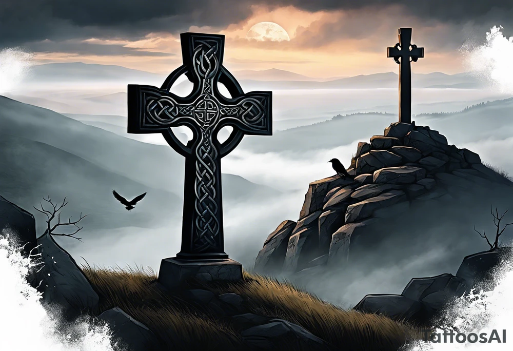 A stone Celtic cross solemnly standing atop a hill, a raven perches atop the cross staring out over the desolation. A ruined stone wall lies crumbling near the cross. Mist rolls along the hilltops adding to the melancholic nature of the scene. tattoo idea