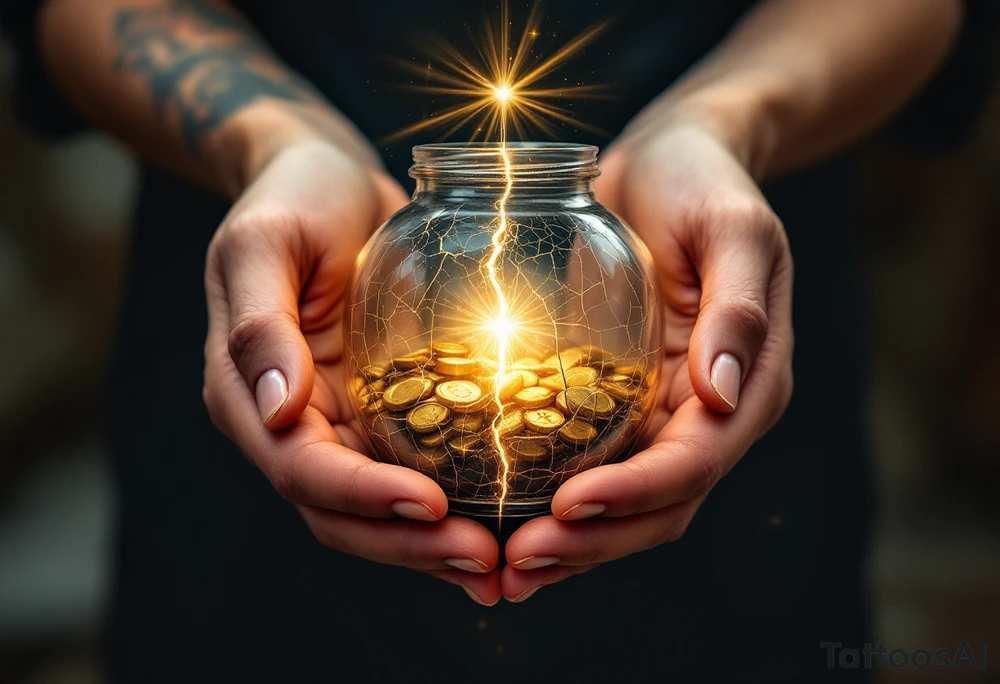 A tattoo that captures both the fragility of the jar and the treasure inside can be incredibly symbolic. Here’s a refined concept that integrates both elements:

### Cracked Jar with Glowing Treasure Inside:
- The Jar: The main design can be a clay jar, slightly cracked, representing human fragility.
- The Cracks: From the cracks in the jar, light pours out—symbolizing the divine treasure (God’s power) within. You can emphasize the cracks with golden lines (like kintsugi) to show that even in brokenness, there is beauty.
- The Treasure: Inside the jar, you could depict glowing treasures, such as gold coins, a radiant heart, or even spiritual symbols like a cross, a dove, or a light-filled crown. The treasure doesn’t have to be too literal—just enough to show that what’s inside is precious and divine.

### Additional Elements:
- Hands Holding the Jar: To further emphasize fragility and care, you could add divine or human hands gently holding the jar, symbolizing protection despite its weakness.
- Scriptural Reference: Around or beneath the jar, you could include "2 Corinthians 4:7" in a graceful script to anchor the design in its biblical meaning.
  
This concept unites the theme of human fragility and God's power, using the cracked jar as the vessel that reveals the treasure within. tattoo idea