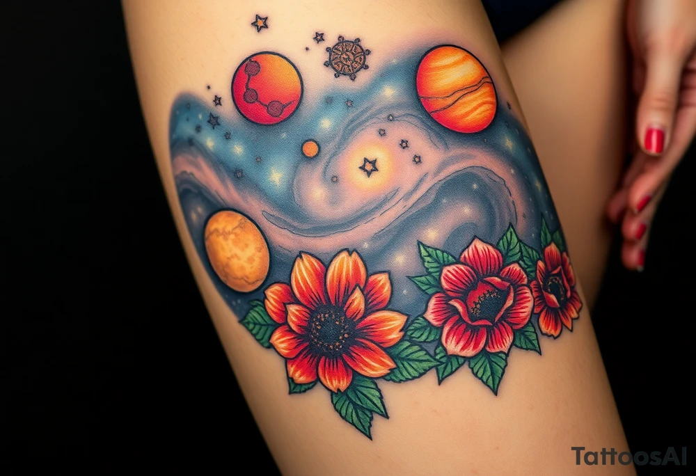 Milky way galaxy .. planets with zodiac symbols and protection runes with red roses and sunflowers tattoo idea