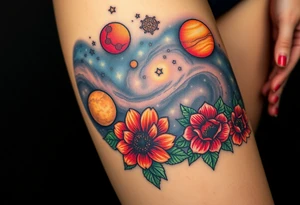 Milky way galaxy .. planets with zodiac symbols and protection runes with red roses and sunflowers tattoo idea