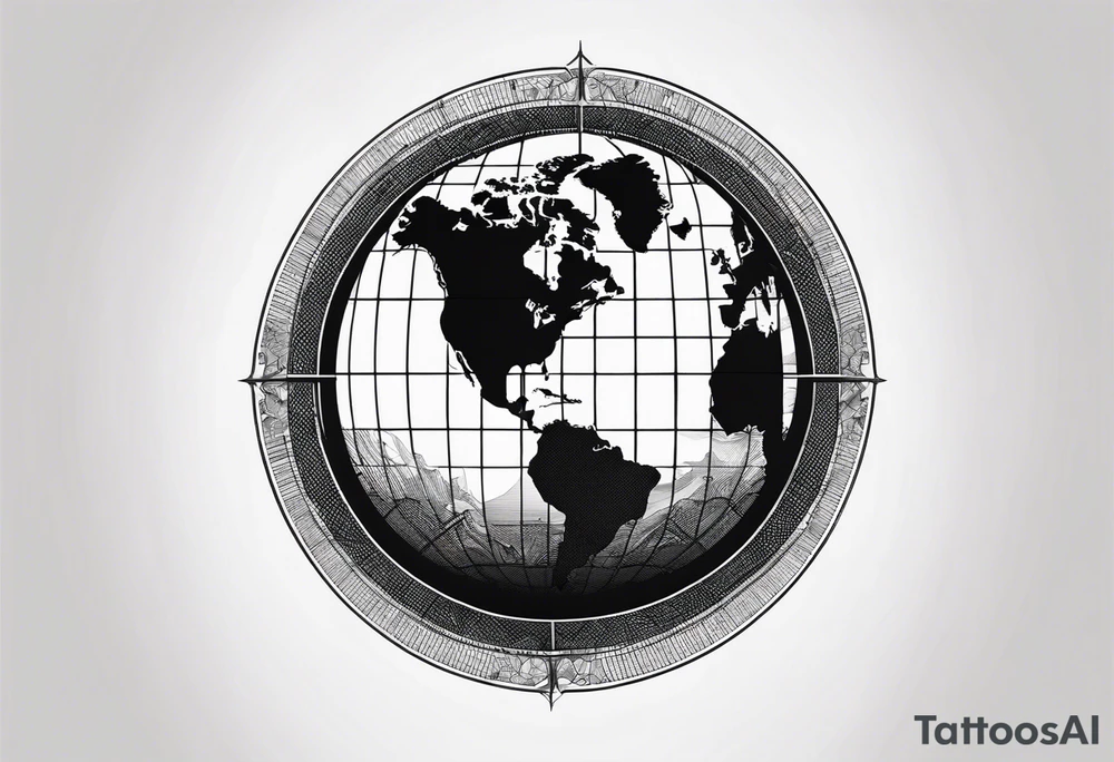 a flat map of the earth on a small fading grid in the shape of a circle tattoo idea