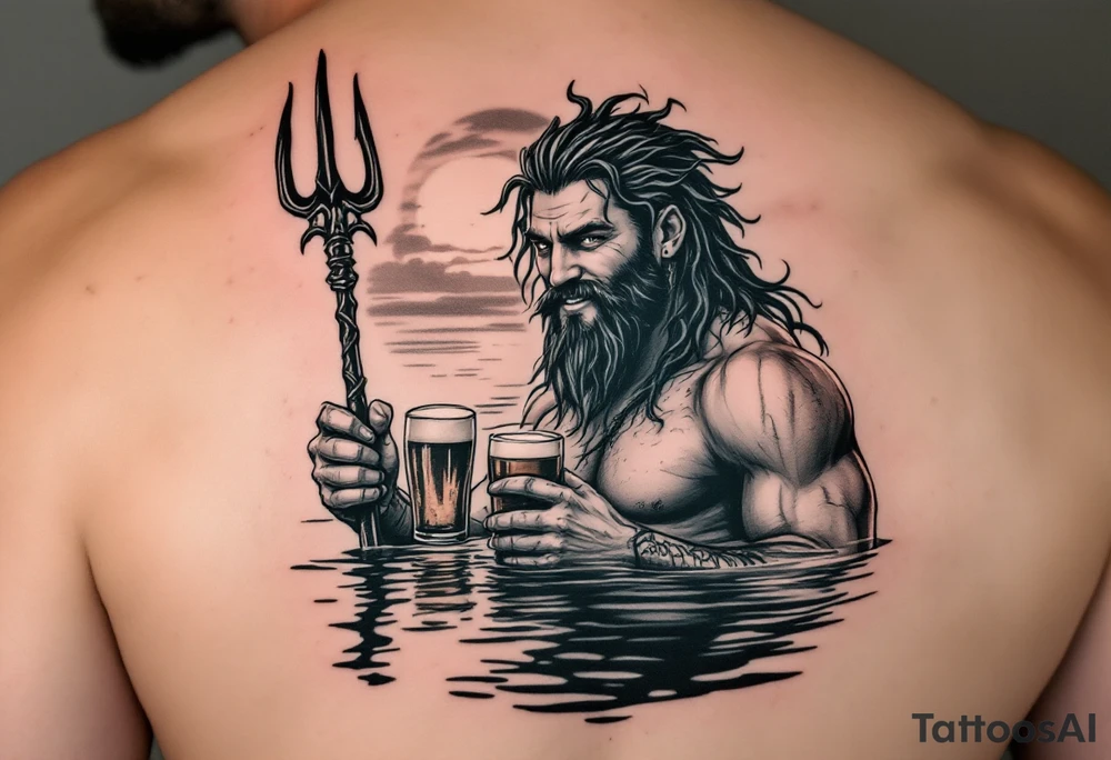 young, happy, fit poseidon in calm water, holding a trident, drinking a beer, with sunset tattoo idea