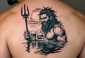 young, happy, fit poseidon in calm water, holding a trident, drinking a beer, with sunset tattoo idea