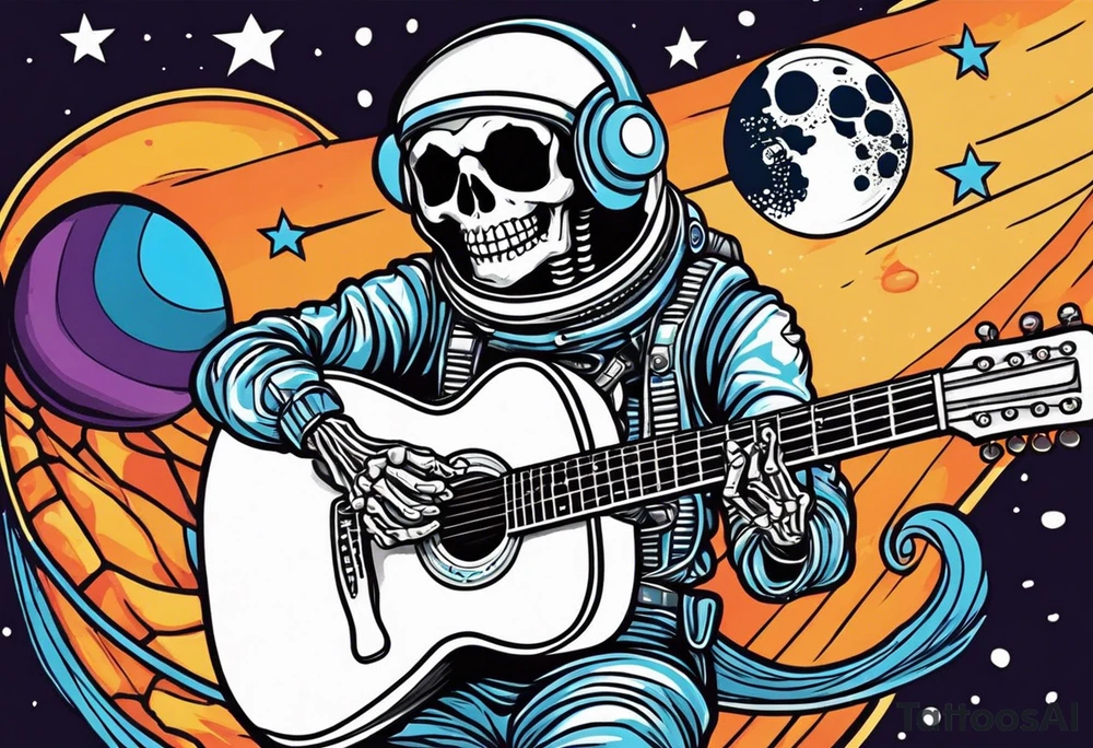 Skeleton astronaut playing acoustic guitar tattoo idea