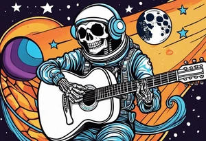 Skeleton astronaut playing acoustic guitar tattoo idea