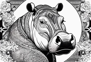 Hippo, flowers, moon, interstella, 
fine lines, tribal, geometric, japanese tattoo idea